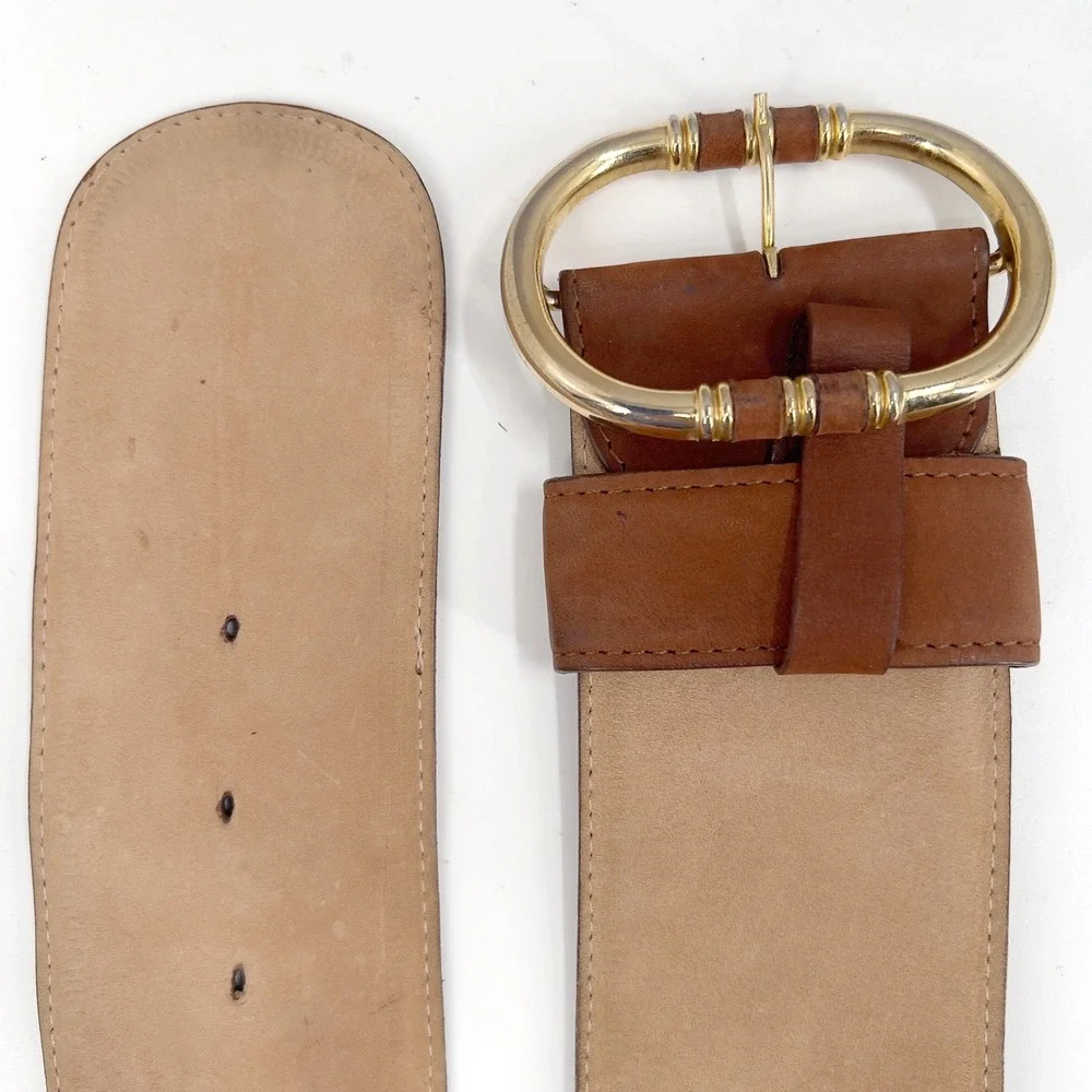 Vintage 80s Womens Wide Brown Nobuck Leather Waist Belt Ornate Gold Buckle M